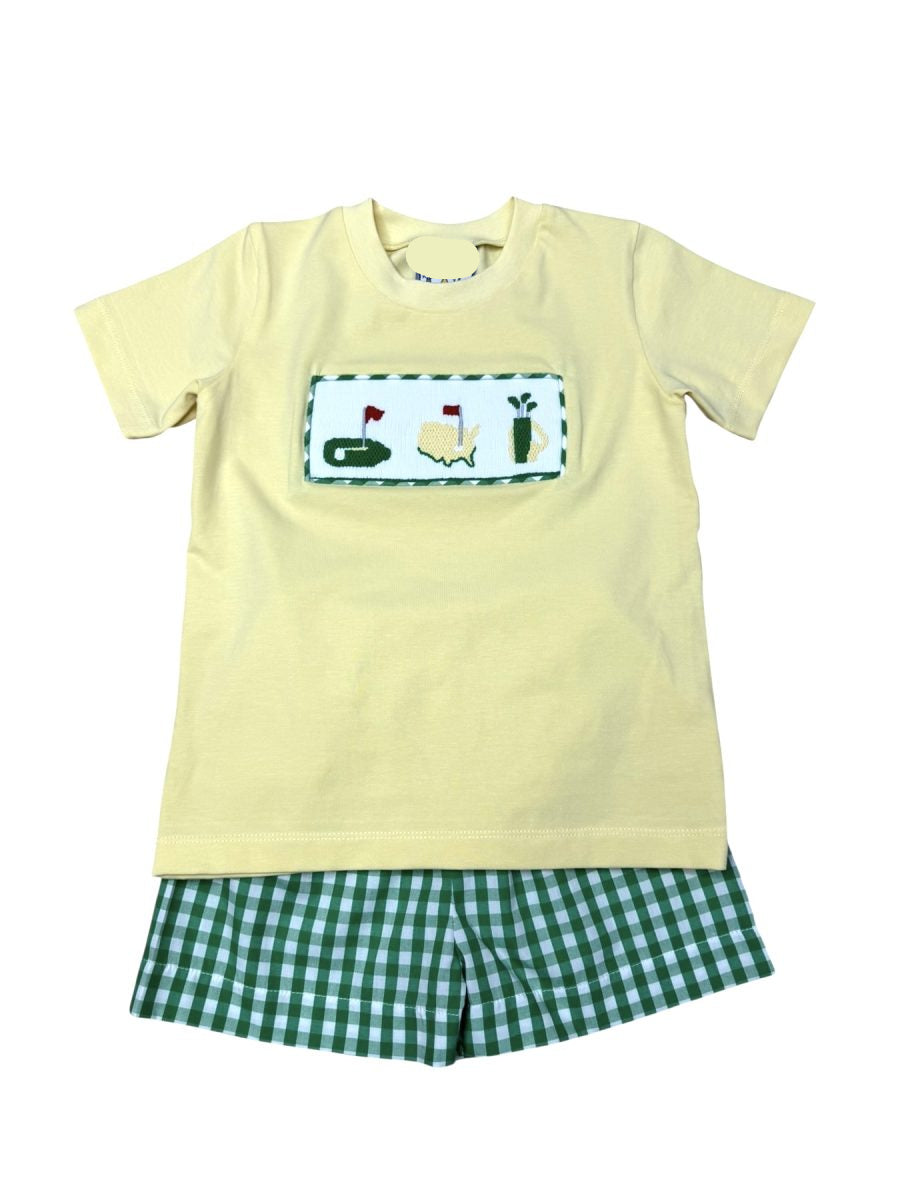 YELLOW T-SHIRT WITH SMOCKED GOLF DESIGN WITH COORDINATING GREEN GINGHAM SHORTS