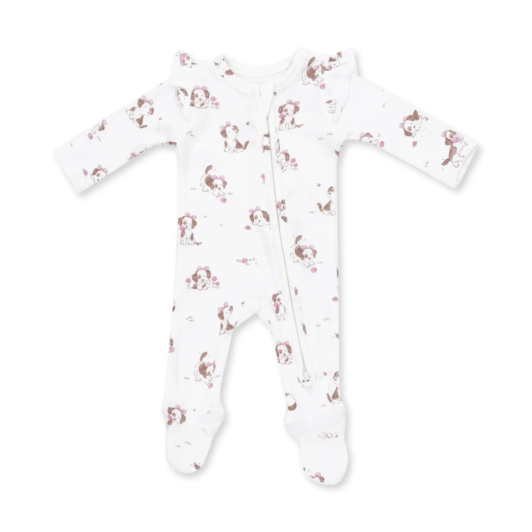 Angel Dear Explorer Puppy Pink 2-way Ruffle Sleeve Zipper Footie front view of the baby footie highlighting the silhouette and explorer puppy pink 2-way design