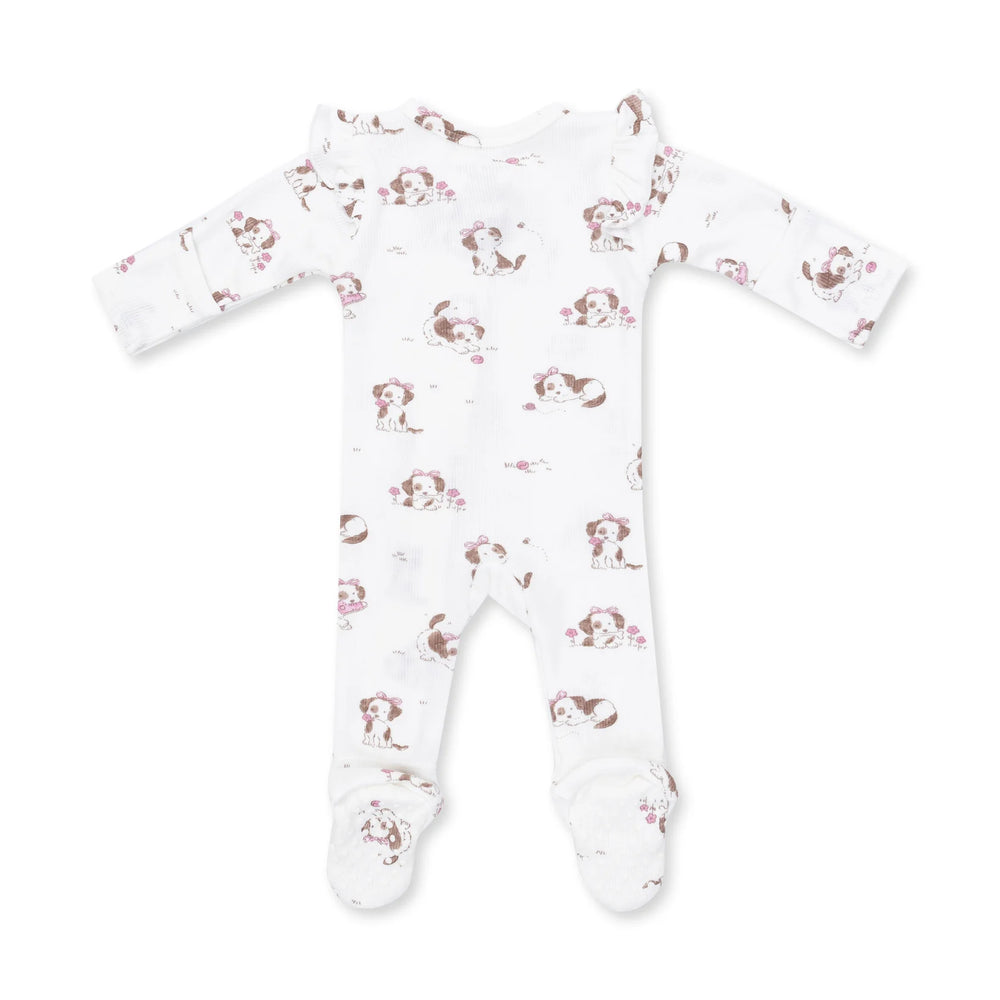 Angel Dear Explorer Puppy Pink 2-way Ruffle Sleeve Zipper Footie alternate view of the baby footie showing the explorer puppy pink 2-way design and coordinating trim