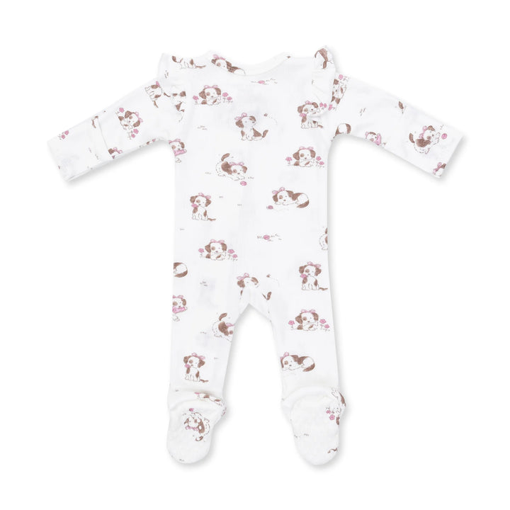 Angel Dear Explorer Puppy Pink 2-way Ruffle Sleeve Zipper Footie alternate view of the baby footie showing the explorer puppy pink 2-way design and coordinating trim