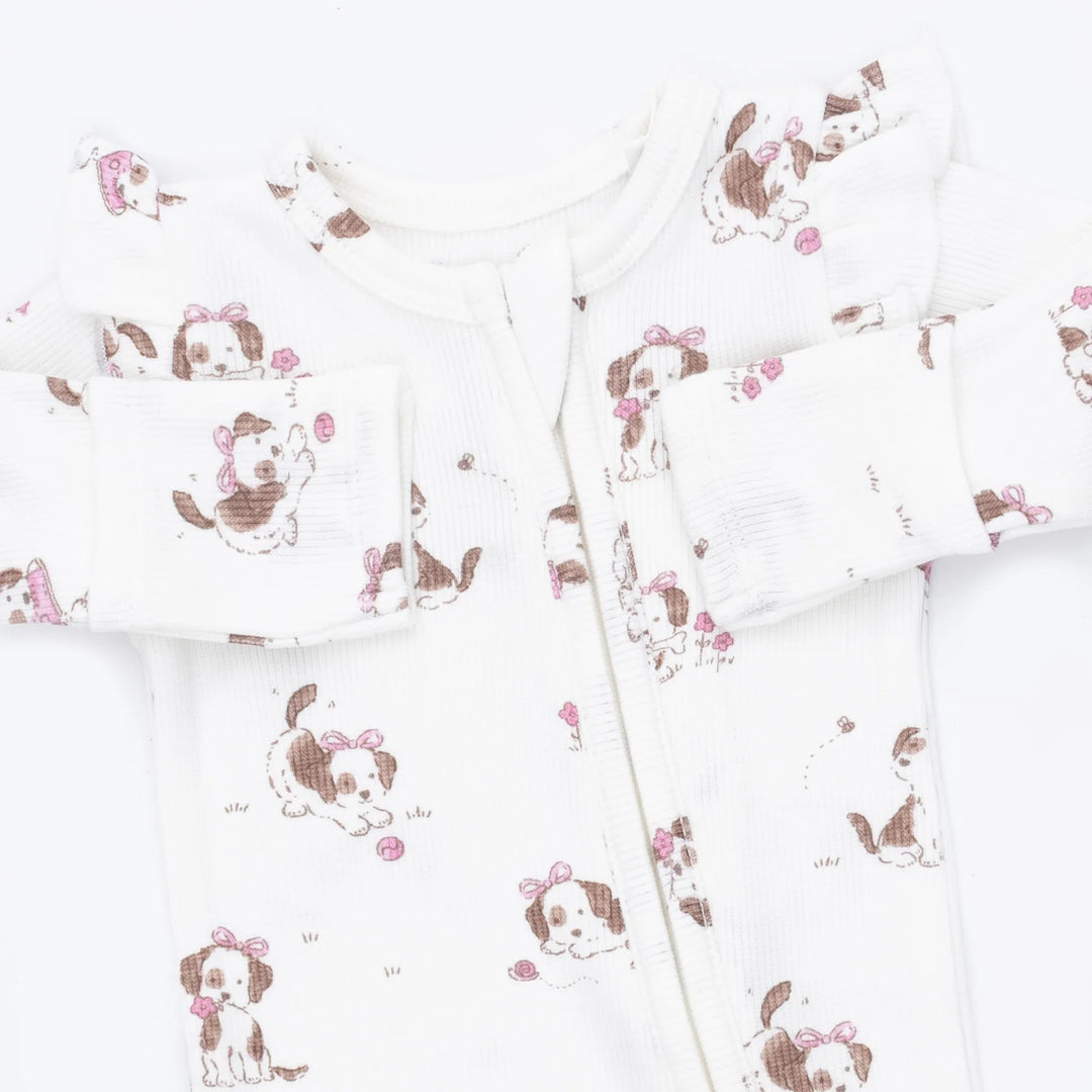 Angel Dear Explorer Puppy Pink 2-way Ruffle Sleeve Zipper Footie close-up of the baby footie highlighting the print, closures, and finishing details