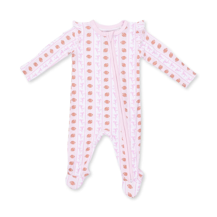 Angel Dear Football Bow Stripe 2-way Ruffle Sleeve Zipper Footie front view of the baby footie highlighting the silhouette and football bow stripe 2-way design