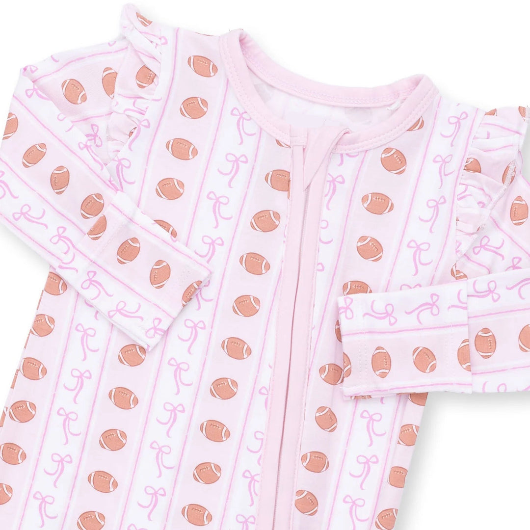 Angel Dear Football Bow Stripe 2-way Ruffle Sleeve Zipper Footie close-up of the baby footie highlighting the print, closures, and finishing details