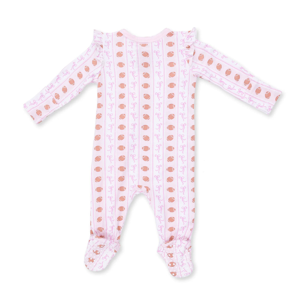 Angel Dear Football Bow Stripe 2-way Ruffle Sleeve Zipper Footie alternate view of the baby footie showing the football bow stripe 2-way design and coordinating trim
