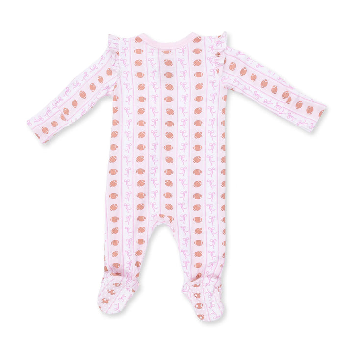 Angel Dear Football Bow Stripe 2-way Ruffle Sleeve Zipper Footie alternate view of the baby footie showing the football bow stripe 2-way design and coordinating trim