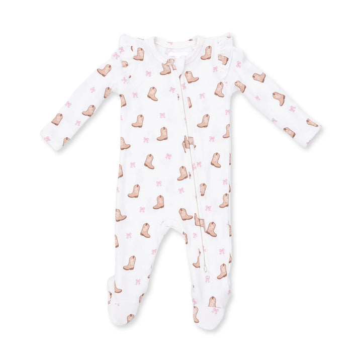 Angel Dear Mini Cowgirl Boots 2-way Ruffle Sleeve Zipper Footie front view of the baby footie highlighting the silhouette and mini cowgirl boots 2-way design