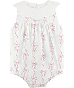 white baby girl bubble with Allover pink bow embroidery detail