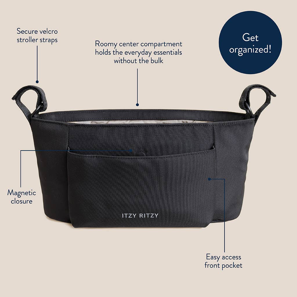 Black Itzy Ritzy diaper bag with feature callouts and a dark blue 'Get organized!' badge on a beige background.