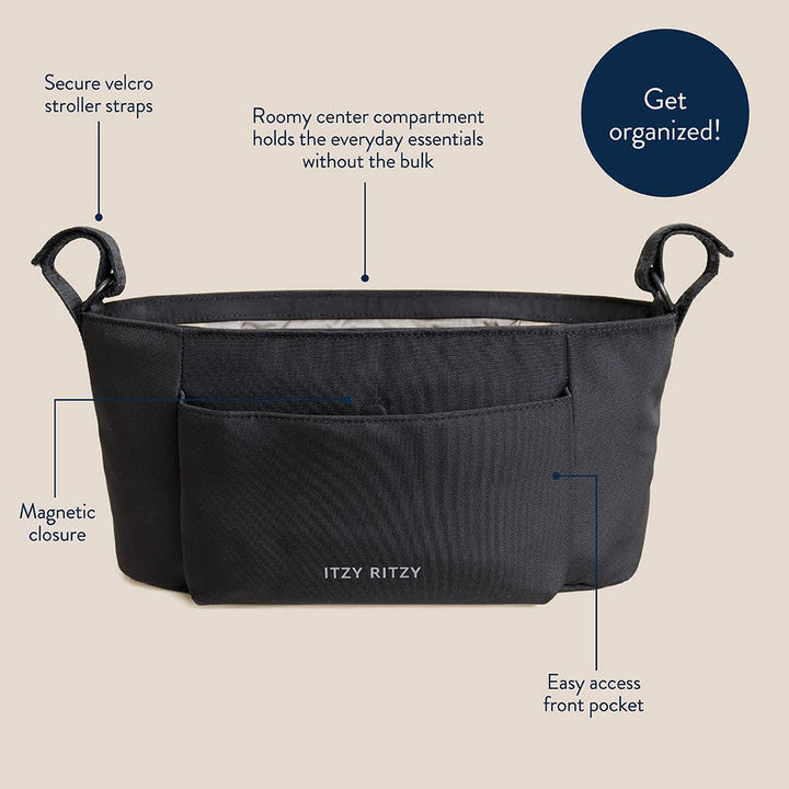 Black Itzy Ritzy diaper bag with feature callouts and a dark blue 'Get organized!' badge on a beige background.