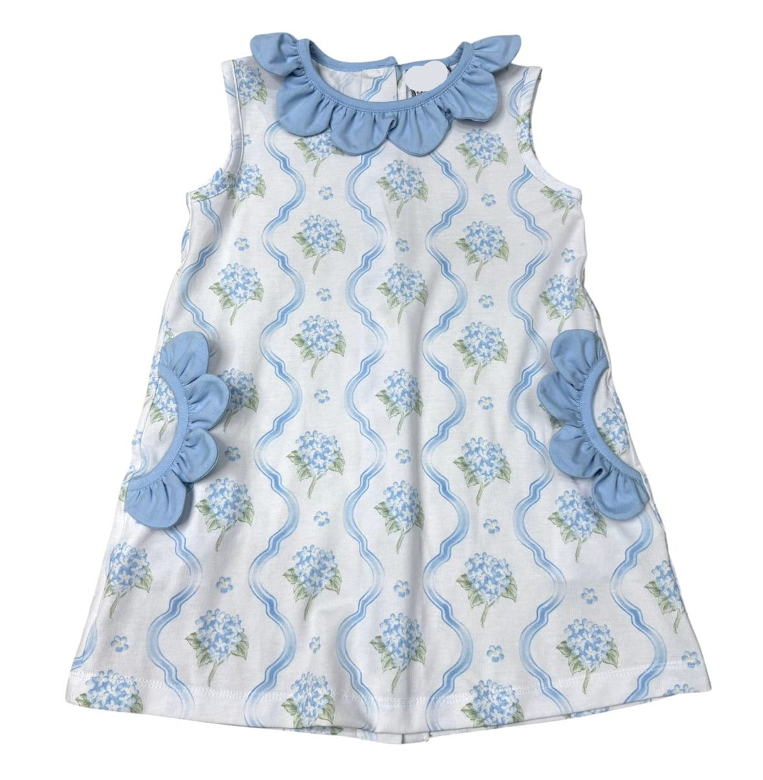 BLUE HYDRANGEA WITH PLEATED SCALLOPS GIRLS DRESS WITH BLUE TRIM DETAIL