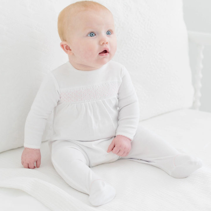 WHITE & PINK SMOCKED FOOTIE