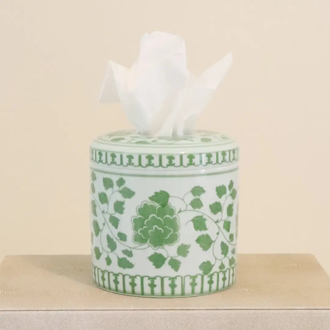 GREEN AND WHITE FLORAL Ceramic re-fillable tissue vessel 