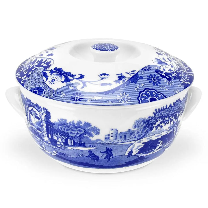 Blue and white patterned ceramic tureen on a white background