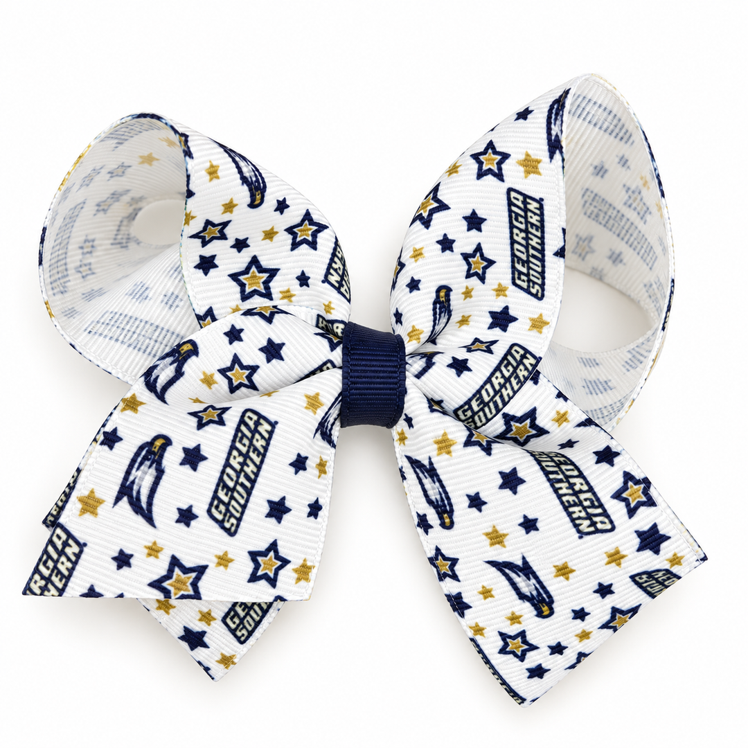 Georgia Southern Eagles white hair bow with navy and gold stars and team logos. | Walker Boutique
