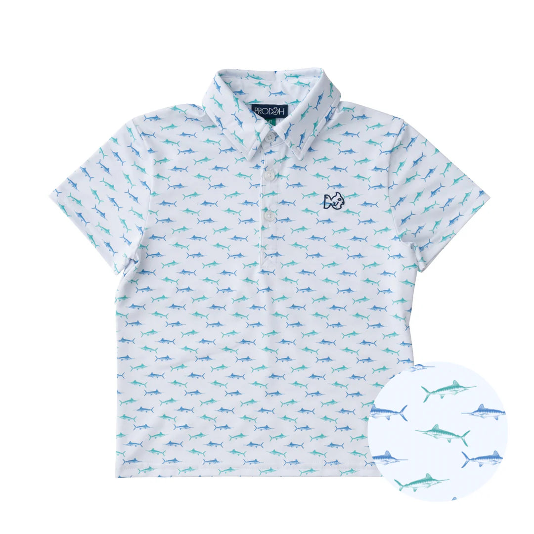 FISH PRINT ON WHITE PERFORMANCE POLO