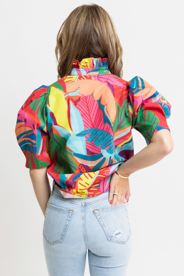 KARLIE: BIRDS OF PARADISE BUTTON PUFF SLEEVE TOP