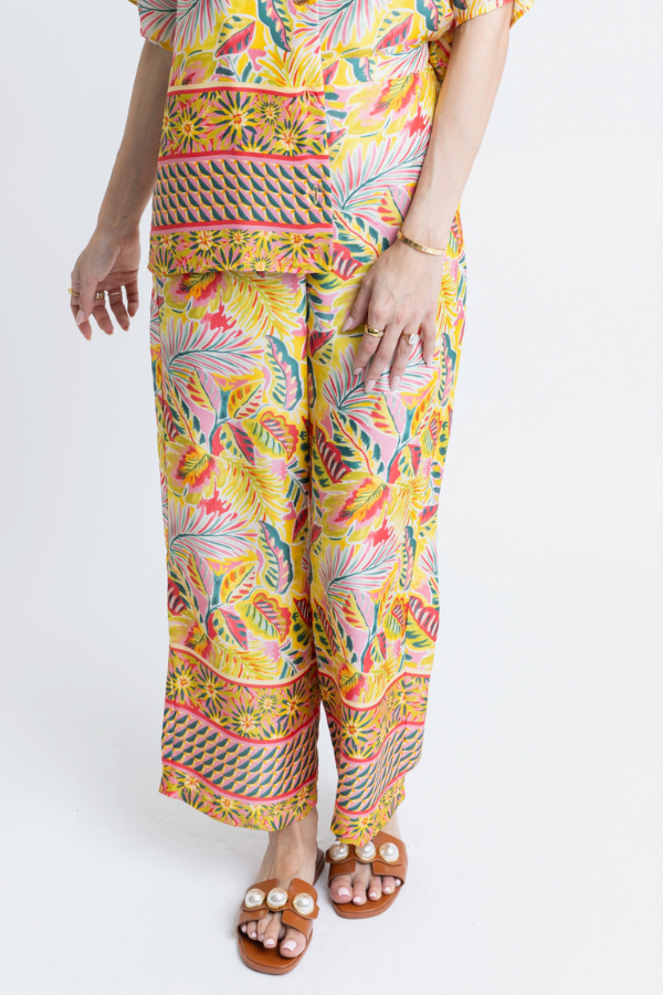 KARLIE: YELLOW TROPICAL SATIN PANT