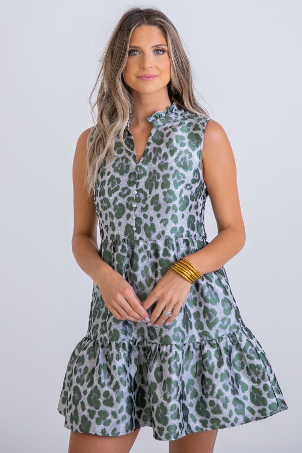 GREEN LEOPARD TIERED TAPESTRY VNECK DRESS