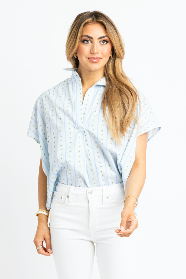 KARLIE: BLUE FLORAL STRIPE VNECK COLLAR TOP
