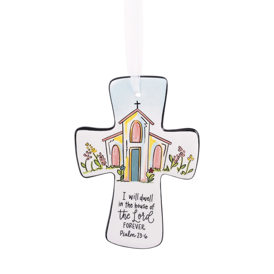 DWELL IN THE HOUSE OF THE LORD CROSS HANGING ON WHITE BACKGROUND
