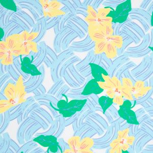 Pattern of yellow flowers and green leaves on a blue background