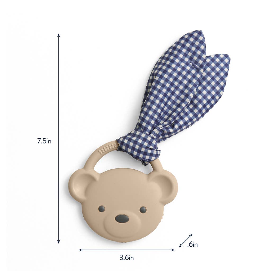 Bear-shaped teething ring with blue checkered bow tie and measurements on a white background
