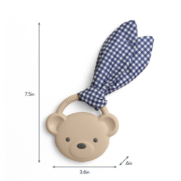 Bear-shaped teething ring with blue checkered bow tie and measurements on a white background