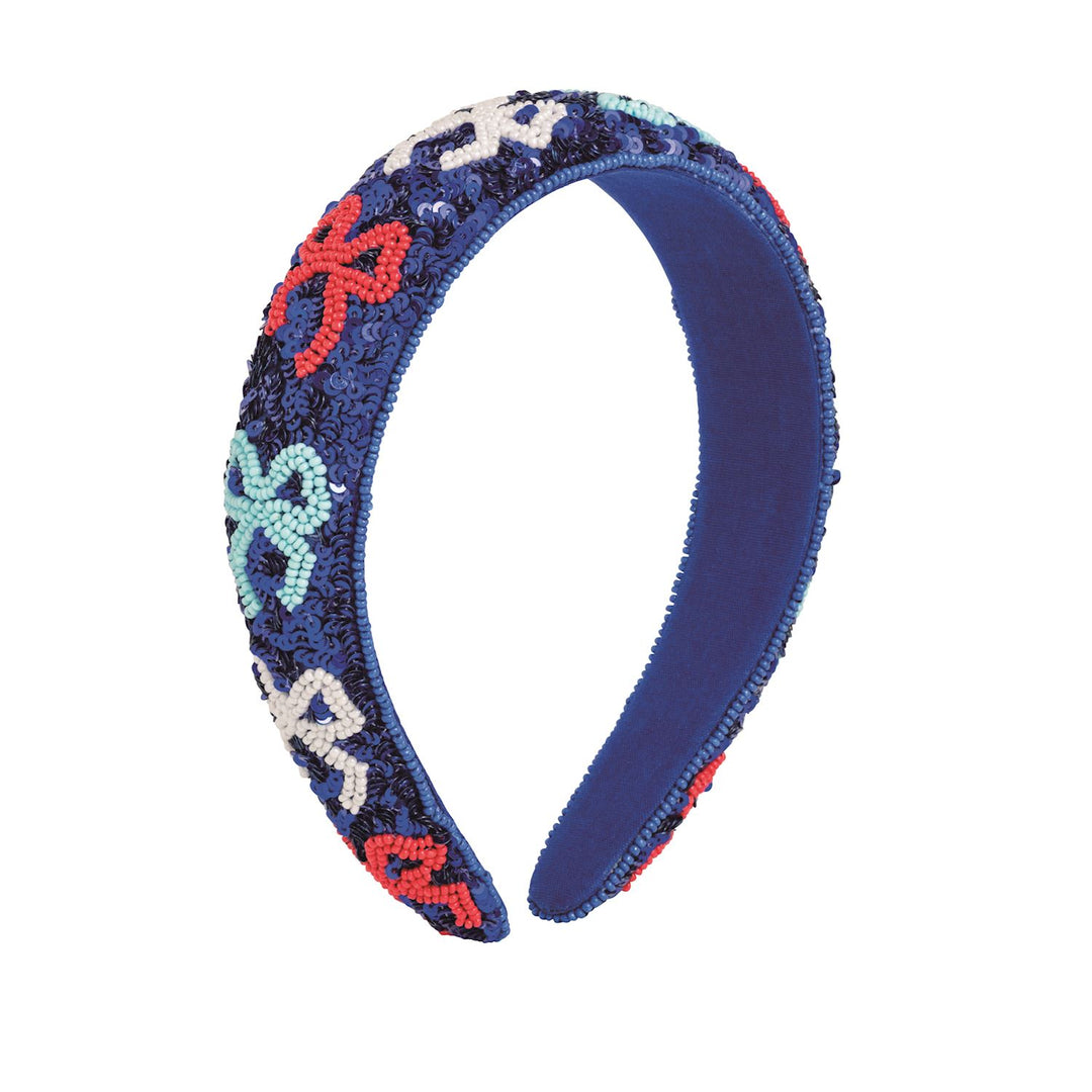 BEADED SEQUIN NAVY HEADBAND WITH RED WHITE AND BLUE BOWS