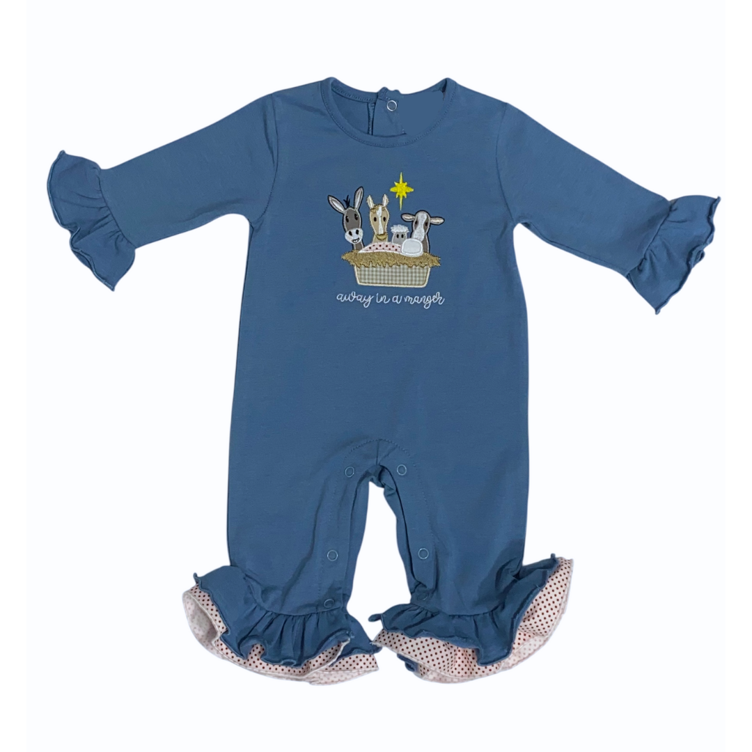 Blue baby romper with ruffled legs and a printed design on a white background