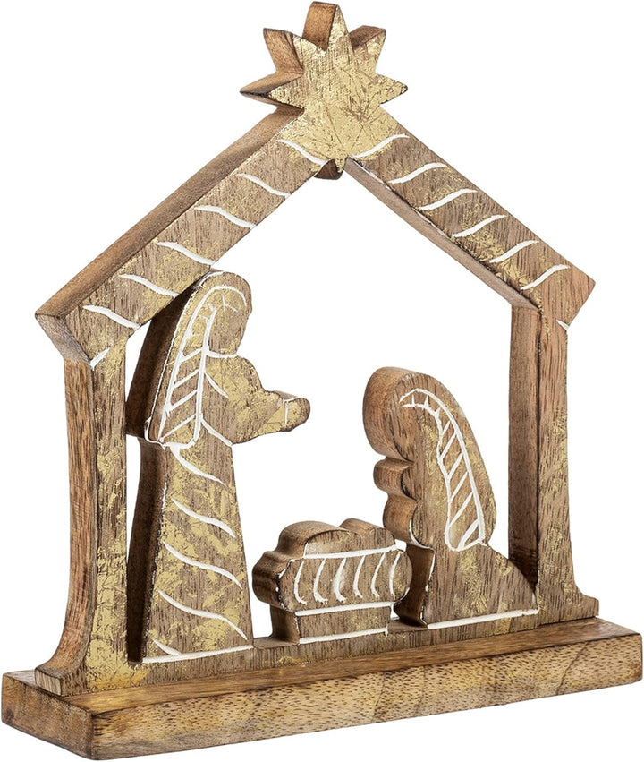 Wooden nativity scene with stable, star, and figures on a white background