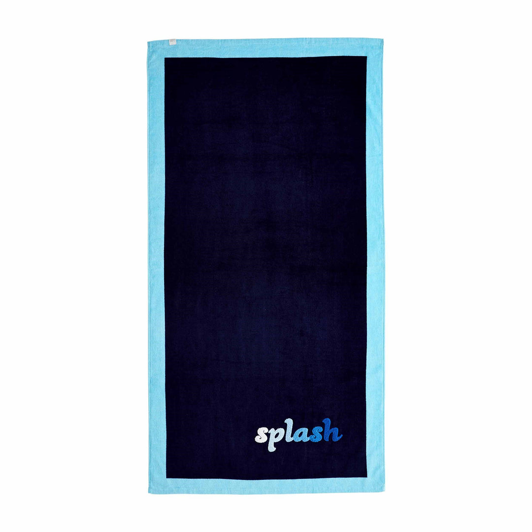 NAVY TOWEL WITH LIGHT BLUE BORDER. SPLASH EMBROIDERED IN UMBRE BLUE