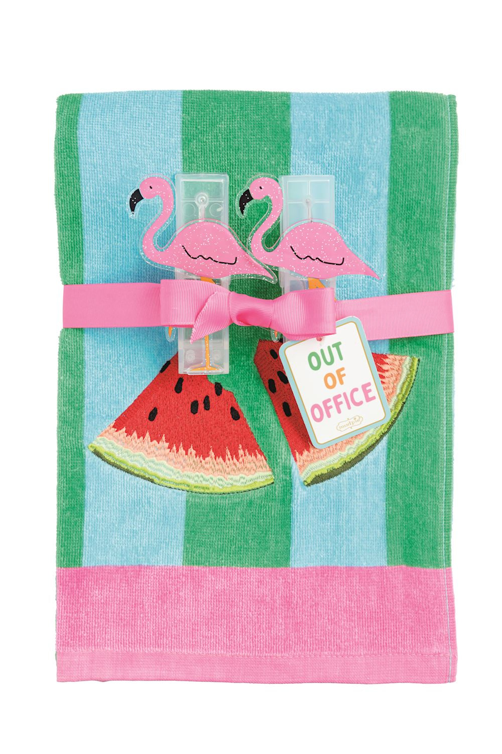 BLUE AND GREEN STRIPED TOWEL WITH PINK BOTTOM BORDER. EMBROIDERED STRAWBERRIES WITH PINK FLAMINGO CLIPS