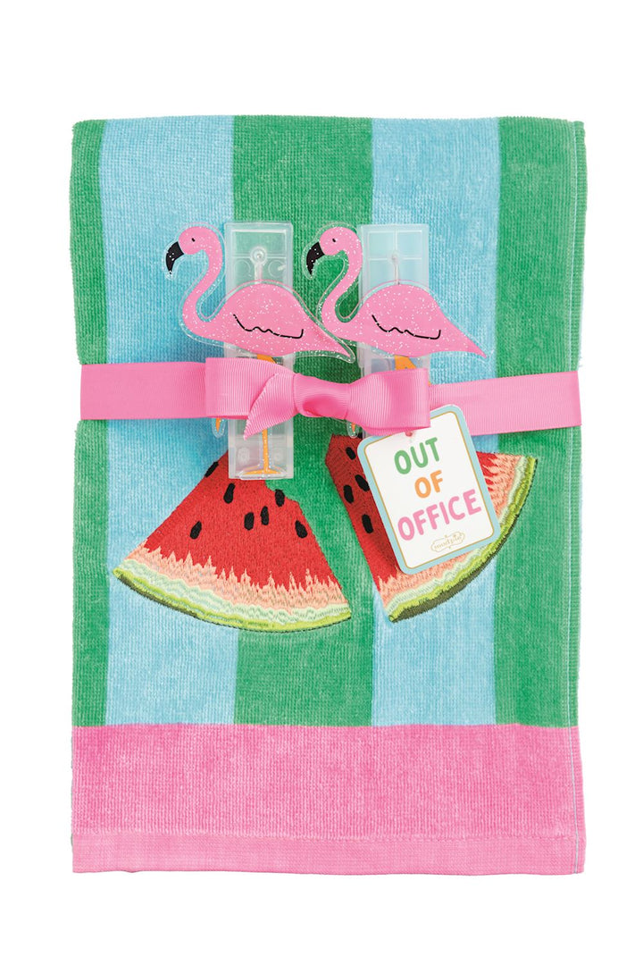 BLUE AND GREEN STRIPED TOWEL WITH PINK BOTTOM BORDER. EMBROIDERED STRAWBERRIES WITH PINK FLAMINGO CLIPS
