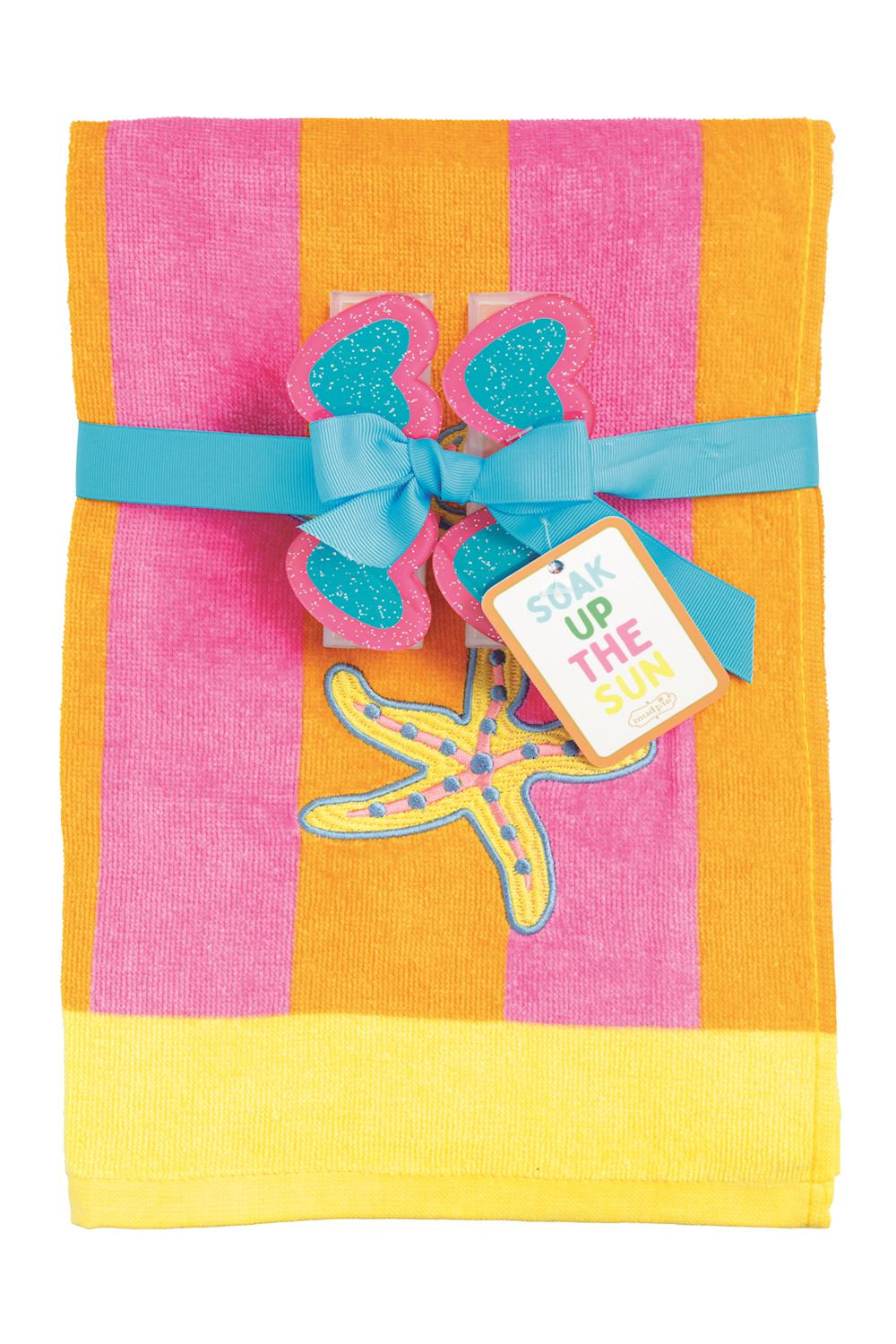 ORANGE AND PINK STRIPE TOWEL WITH SEASHELL EMBROIDERED AND YELLOW BOTTOM BORDER