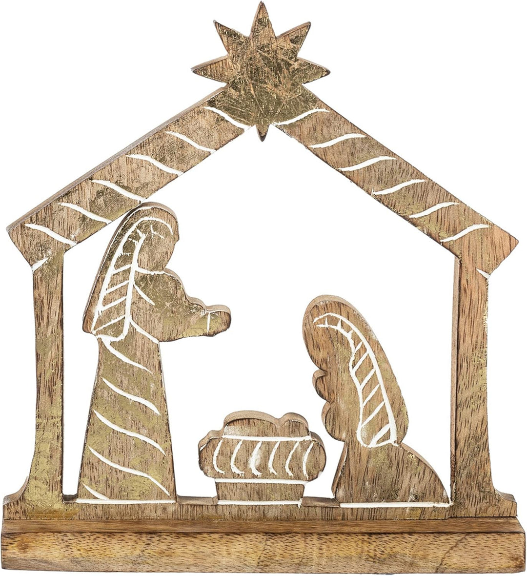 Wooden nativity scene with stable, star, and figures on a white background