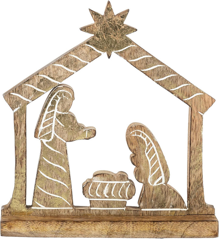 Wooden nativity scene with stable, star, and figures on a white background