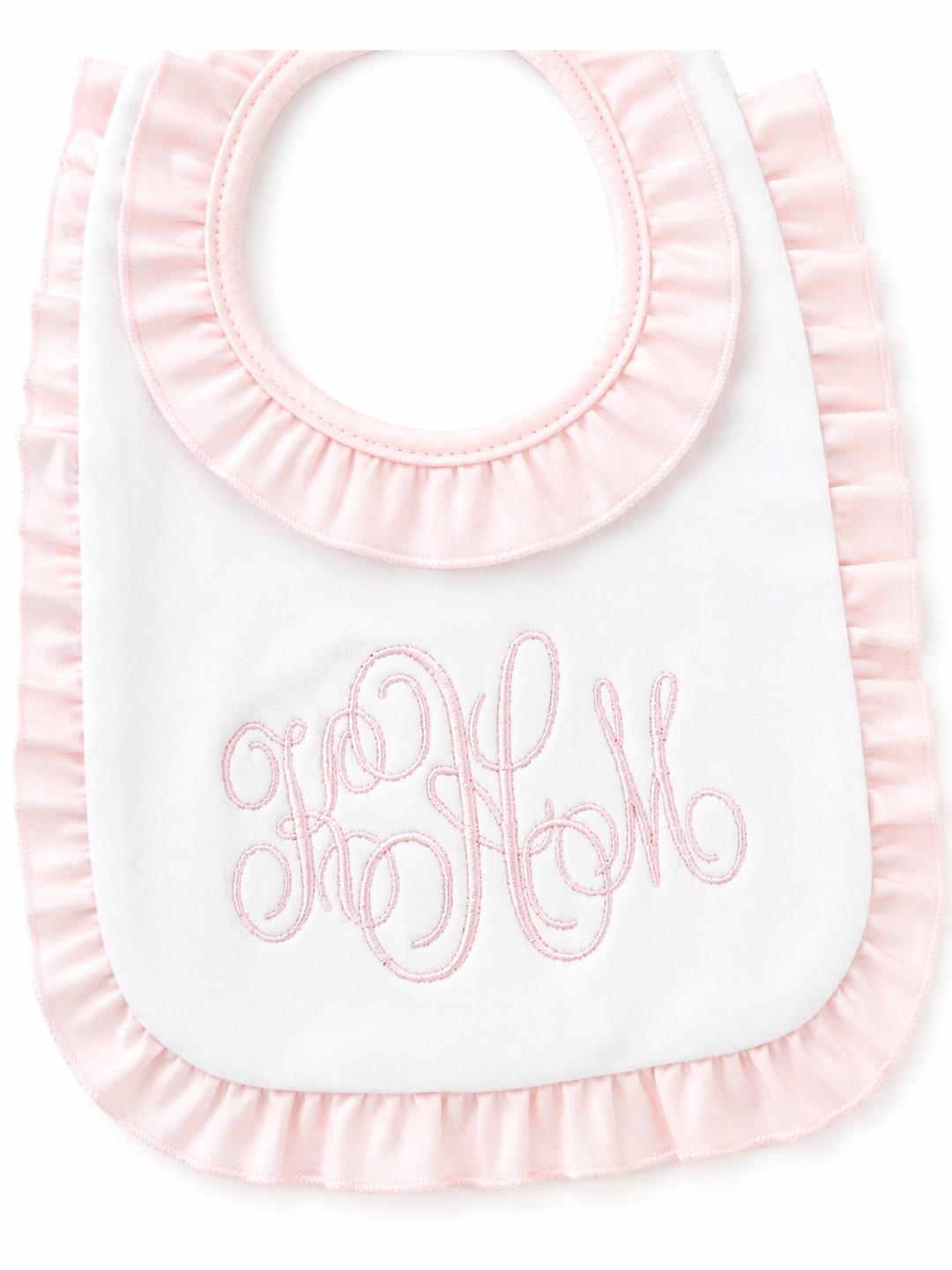 White bib with pink ruffles and embroidered name on a white background