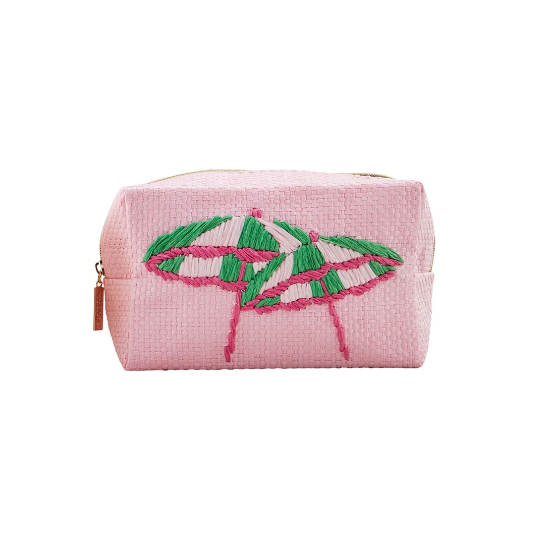 Pink pouch with green and red embroidery on a white background