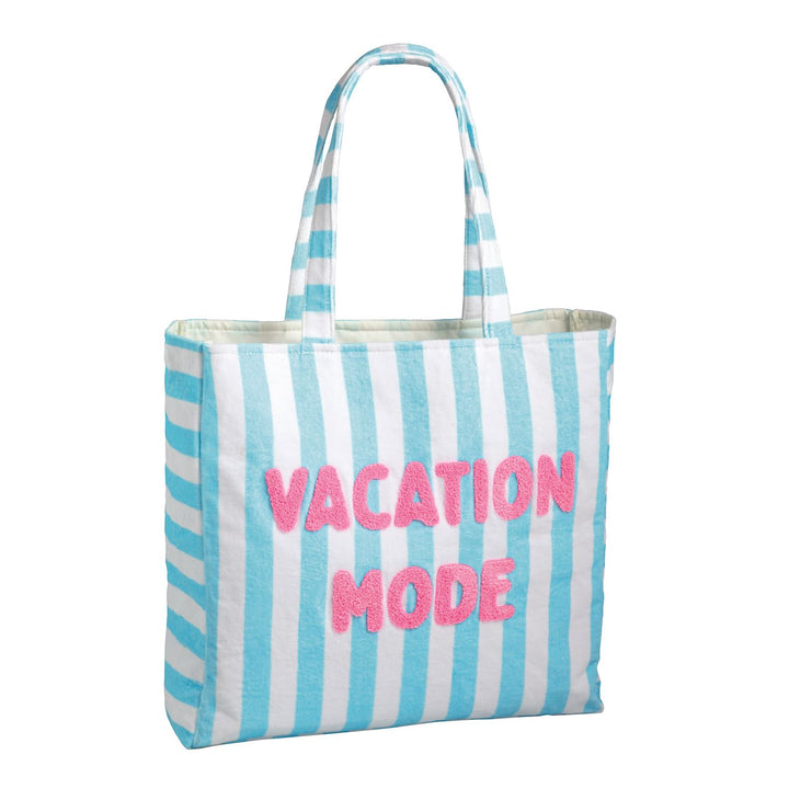 BLUE AND WHITE STRIPED TERRYCLOTH TOTE WITH "VACATION MODE" STITCHED IN PINK