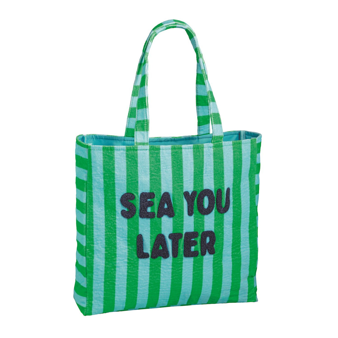 GREEN AND BLUE STRIPED TERRY CLOTH TOTE WITH "SEA YOU LATER" PRINTED IN NAVY BLUE