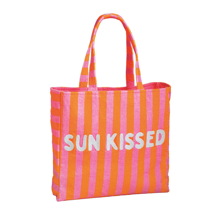 PINK AND ORANGE STRIPED TOTE WITH "SUN KISSED" PRINTED IN WHITE