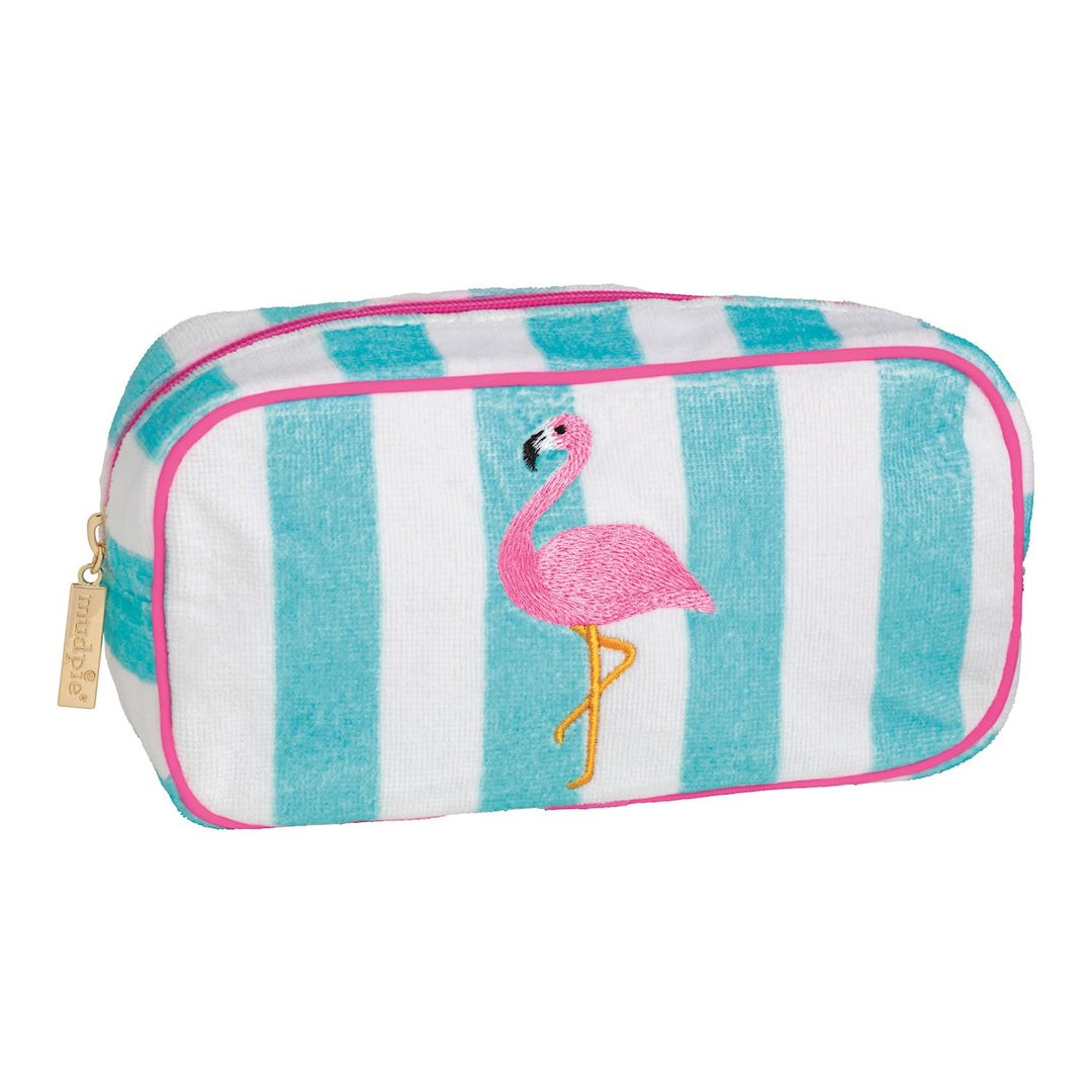 Striped pouch with flamingo design on a white background