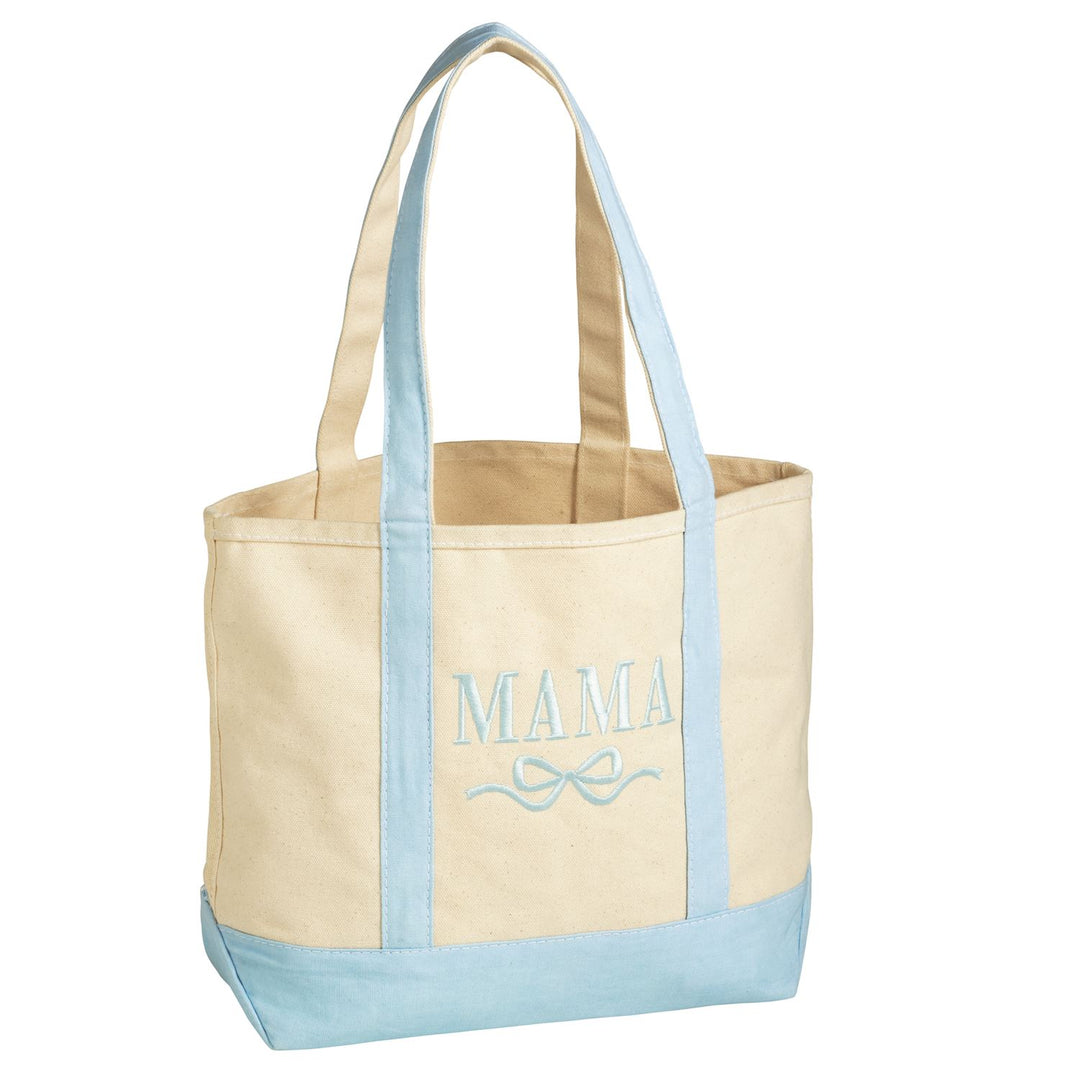 LARGE BEIGE CANVAS TOTE WITH BLUE STRAPS AND MAMA IN PINK EMBROIDERED IN MIDDLE