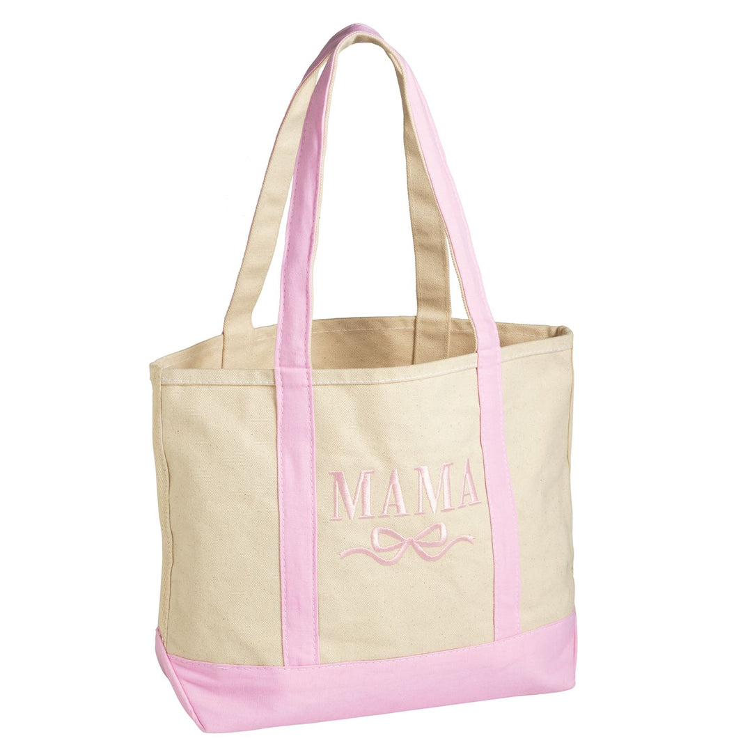 LARGE BEIGE CANVAS TOTE WITH PINK STRAPS AND MAMA IN PINK EMBROIDERED IN MIDDLE