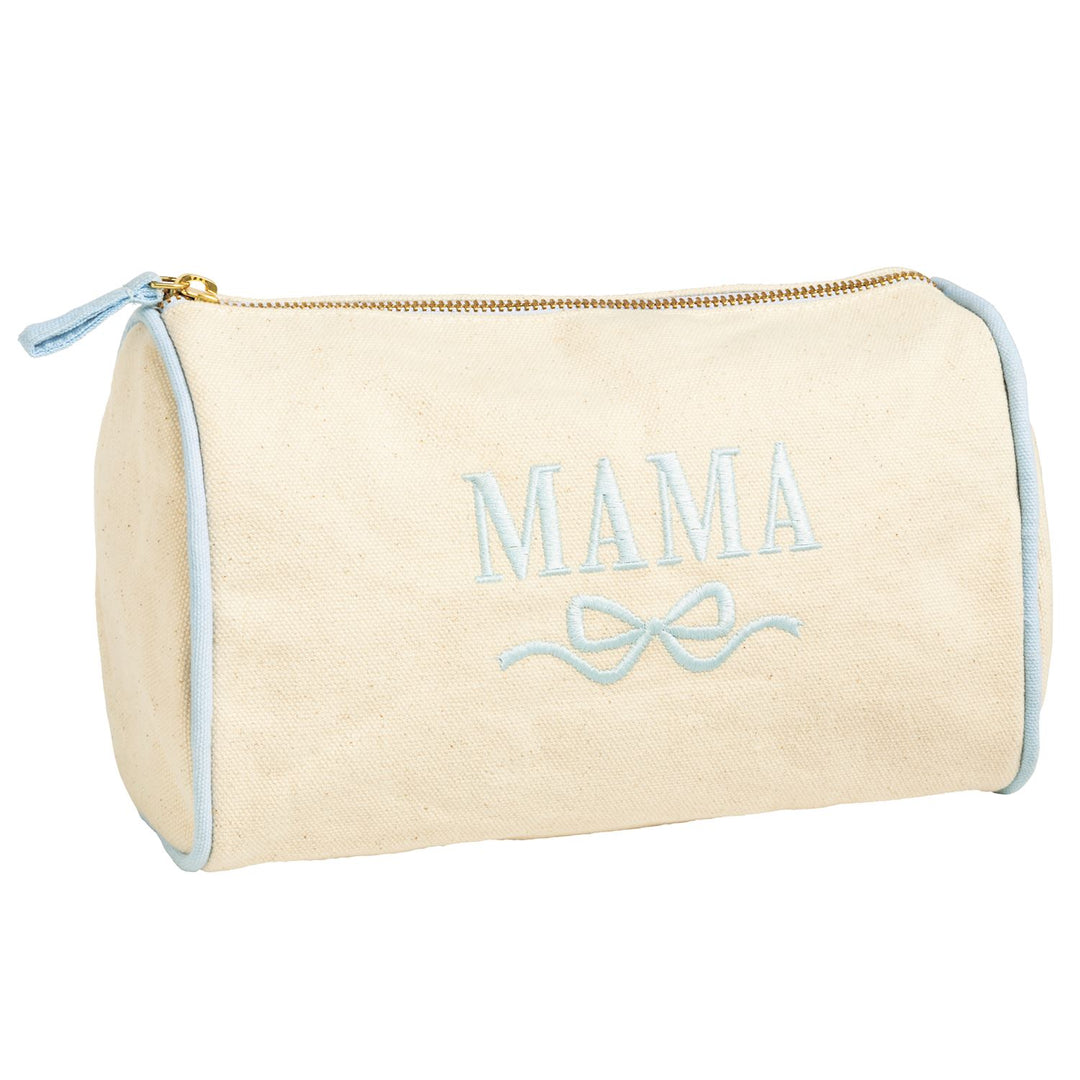 canvas beige carry tote with mama embroidered in blue with blue trim