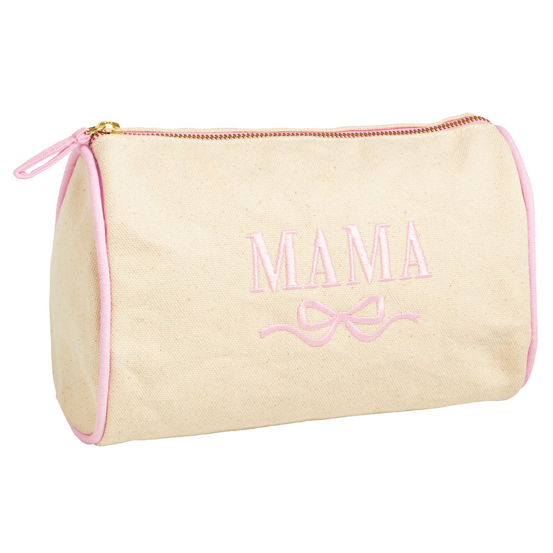 beige canvas carry case with pink trim and pink mama embroidered