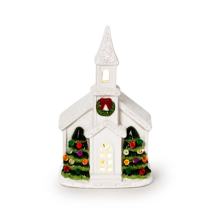 WHITE CHURCH WITH MULTI LED LIGHTS