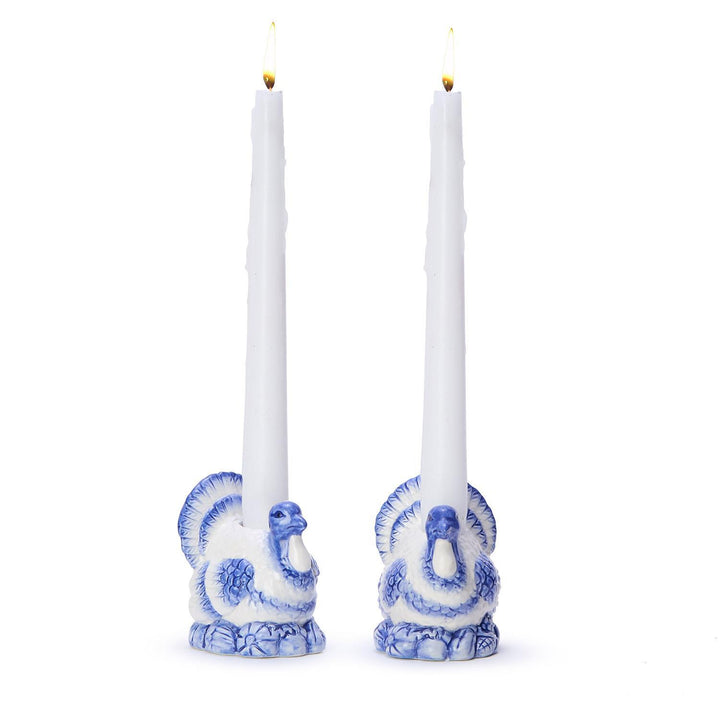 BLUE & WHITE PAINTED TURKEY CANDLEHOLDER SET
