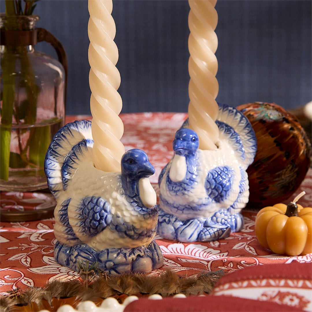 BLUE & WHITE PAINTED TURKEY CANDLEHOLDER SET