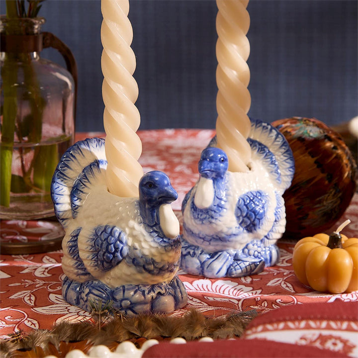 BLUE & WHITE PAINTED TURKEY CANDLEHOLDER SET